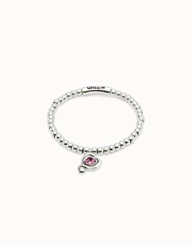 Ser Expresiva Silver Beaded Bracelet w/ Pink Stone Charm Large