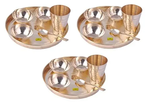 SHIV SHAKTI ARTS Set of 3 Brass Thali Set Luxury Design 6 pcs Each 3 Brass bowls1 glass1 Plate & 1 Spoon Restaurant Ware Home Hotel