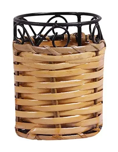 SIKKI CRAFT Wicker Handmade Round Pencil/Tooth Brush/Come/Remote Stand (10 cm x 10 cm x 13 cm Beige) PE_ 051