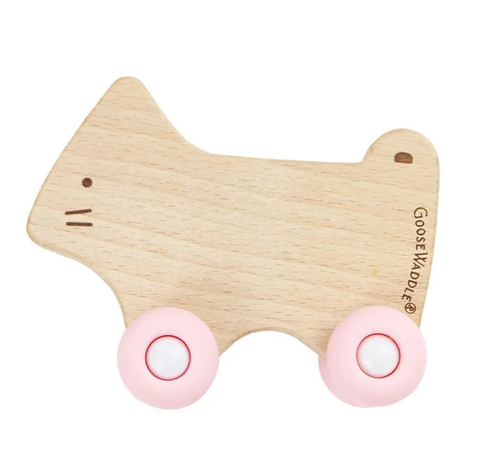 Silicone + Wood Teether with Wheels: Kitty/Pinky Wheels