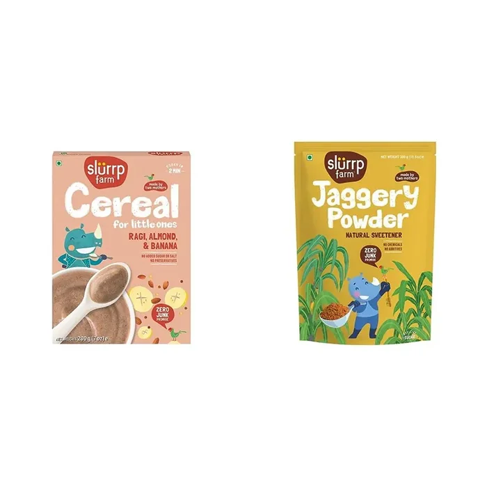 Slurrp Farm No Sugar, No Salt Ragi, Almond and Banana Cereal 100% Sprouted Ragi Healthy Cereal No Milk No Preservatives, 200g & Slurrp Farm Natural Jaggery Powder, 300 G