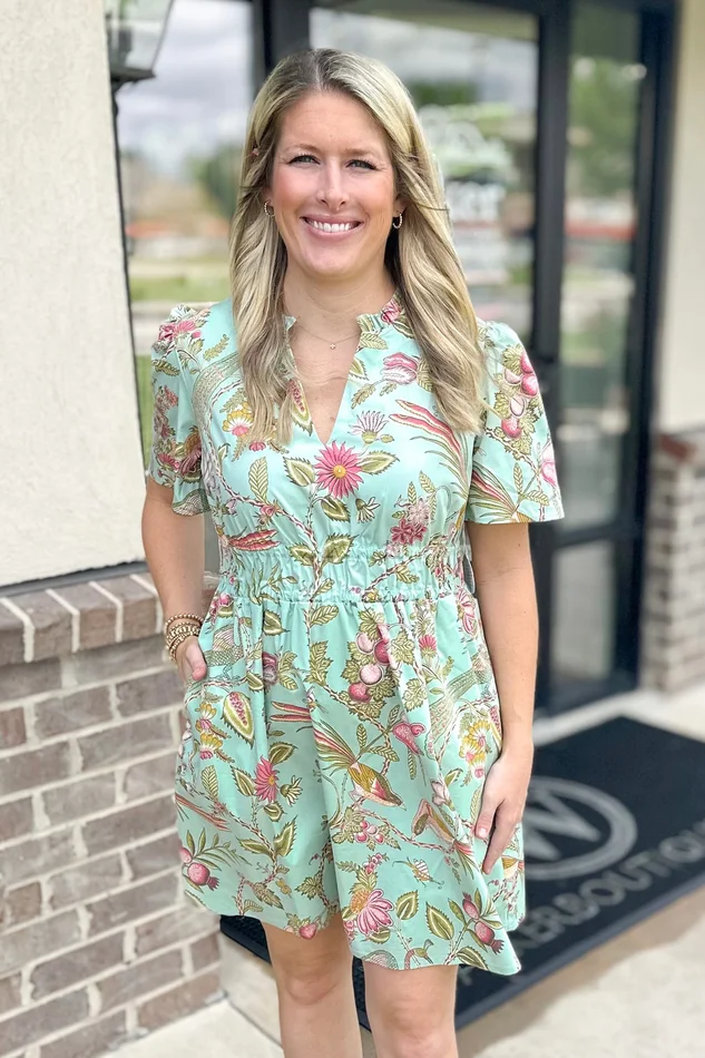 SPARTINA: SEAFOAM SUGAR MILL PEACOCK FLORAL OLIVIA POPLIN DRESS