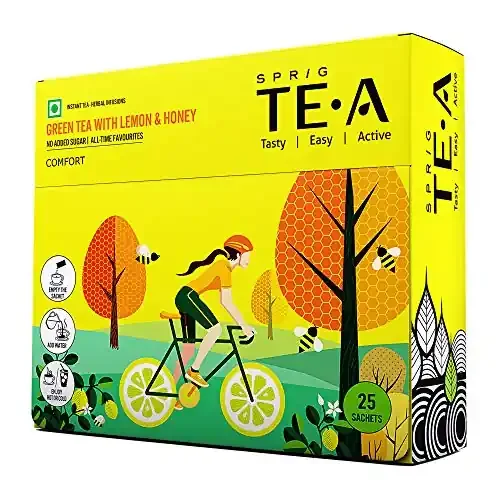 SPRIG TE.A Green Tea with Lemon & Honey Fully Soluble Green Tea The Comfort Green Tea That Lifts Spirits Experience The Zingy Aroma ( Pack of 25 x 0.7g each )