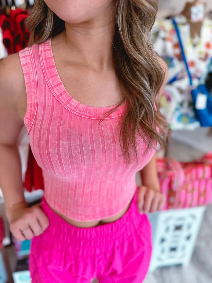 Sunkissed Washed Hot Pink Ribbed Cropped Tank Top