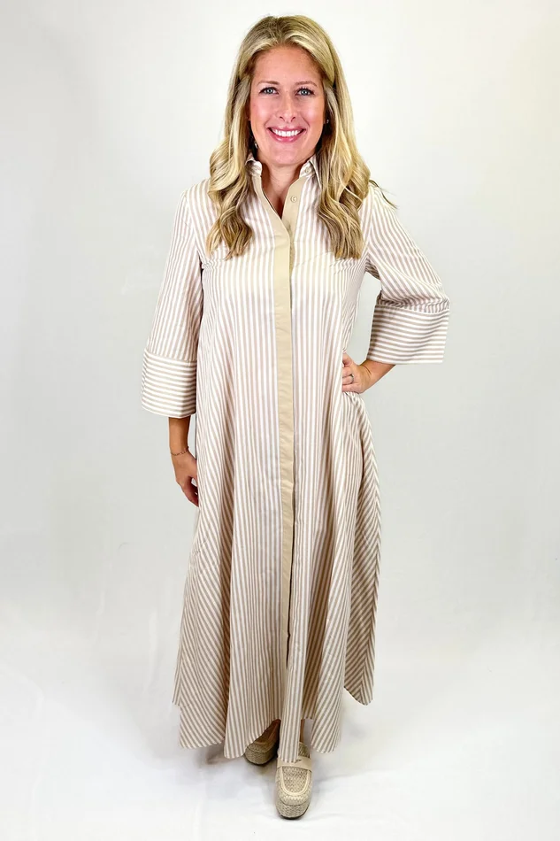 TAN STRIPE BUTTON COLLAR MAXI DRESS