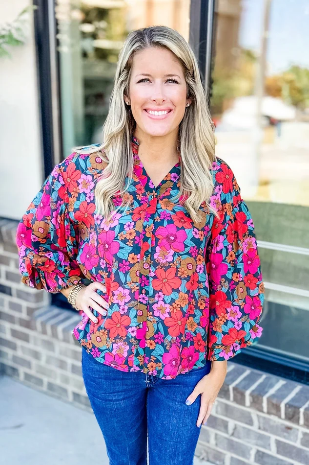 TEAL & FUCHSIA FLORAL BUBBLE SLEEVE TOP
