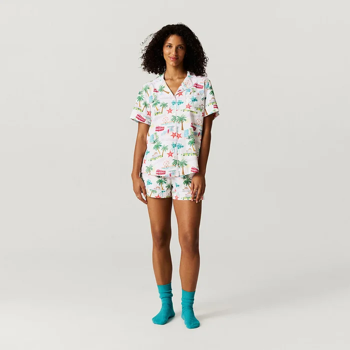 Travel Beige Short Sleeve Posh Los Angeles Women’s Twill Pajama Short Set | Posh Peanut®