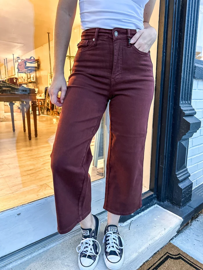Tummy Control Wide Leg Crop Denim in Deep Red by Judy Blue