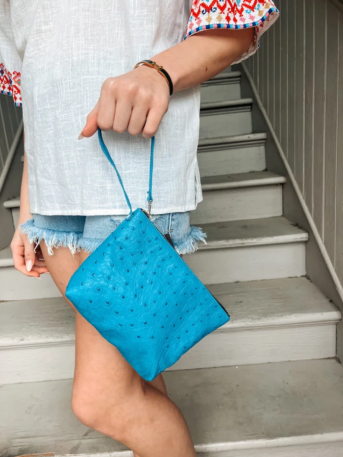 Turquoise Full Quill Ostrich Makeup Bag