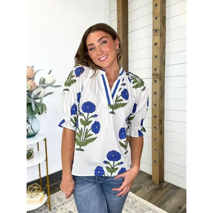 Umgee Floral Blouse with Contrast-C5075