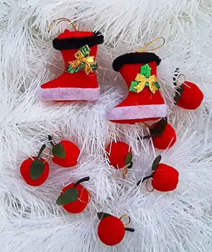 Urvi Creations Christmas Xmas Tree Decoration 12 Pcs Red Velvet Apples and 1 Pair Santa Shoes Tree Hanging Ornaments for Xmas Christmas Craft