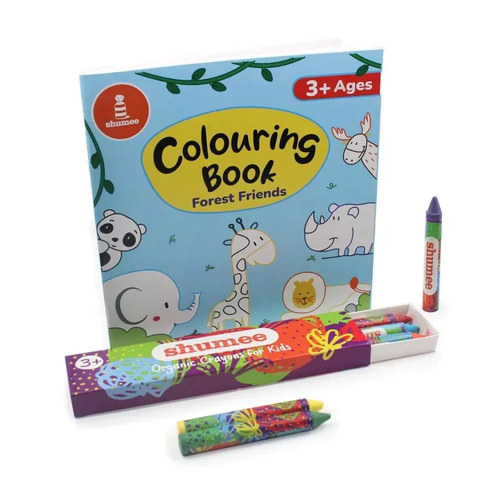 VARANASI WOODEN TOYS Forest Friends Colouring Kit (0-3 Years) – Forest-Themed Colouring Organic Book With Eco-friendly Crayons Kit – Skill Building Art and Craft DIY Set for Kids to Create a Colourful Forest