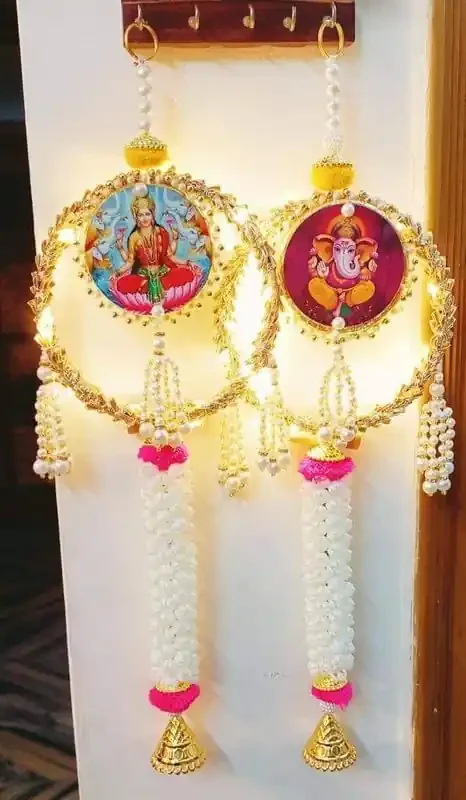 Virushka Garlands for Home Decoration, Lotus Hangings (Pack of 4 Latkan, Size 14 Inch Each) Offwhite Fabric & Solawood Lotus Buds Flower Garlands for Home Decoration