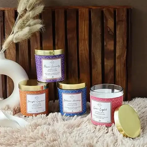 Welburn Veda&Co Scented Wax Candle – Set of 4 (30 Hours Burn Time 128gm) Jar Candle with Gold Metal Lid Mind & Body Collection Fully Refined Paraffin Wax Smokeless for Home DÃ©cor Offices