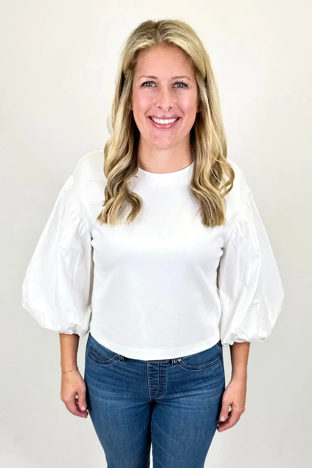 WHITE PUFF POPLIN SLEEVE TOP