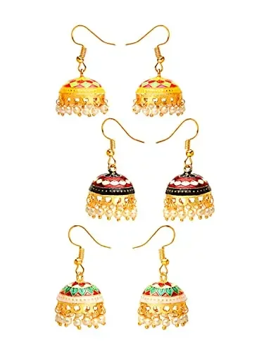 Yellow Chimes Women‘s Meenakari Jumka Earrings with Ethnic Design Gold Plated Traditional Beads Combo of 3 pairs Multi Color One Size
