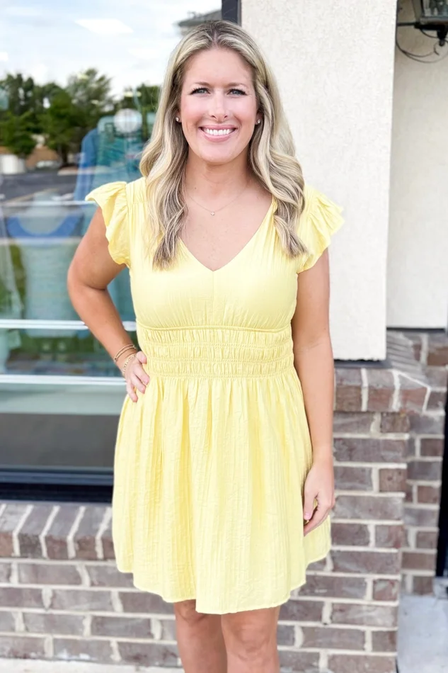 YELLOW SMOCKED WAIST RUFFLE VNECK DRESS