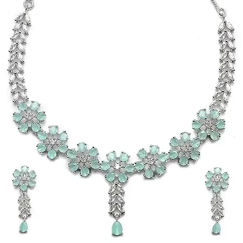 ZENEME Women‘s Rhodium-Plated Silver Toned Flower Shaped American Diamond Studded Necklace With Earring Jewellery Set Free Size Lime Green