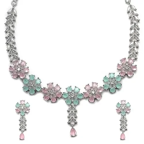 ZENEME Women‘s Rhodium-Plated Silver Toned Flower Shaped American Diamond Studded Necklace With Earring Jewellery Set Free Size Lime Green & Pink