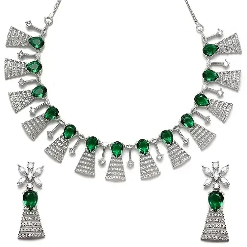 ZENEME Women‘s Rhodium-Plated Silver Toned Teardrop Shaped American Diamond Studded Necklace With Earrings Jewellery Set