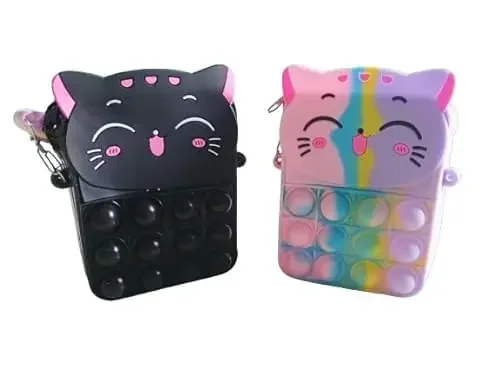 ZOKCY® (Pack of 2 Pcs Cute Cat Small Pop Purse/Pop Purse for Girls With chain/Shoulder Bag Fidget Toys/Birthday return Gift/Stylish Cross Body Pop Purse for Girls/Handbag/Silicone Bag Pop for Girls,